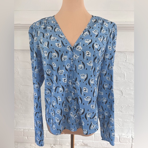 Veronica Beard Floral Blue Silk Blouse V Neck Button Down Long Sleeve Shirt - Picture 1 of 13